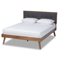 Baxton Studio Alke Mid-Century Modern Dark Grey Fabric Upholstered Walnut Brown Finished Wood Queen Size Platform Bed